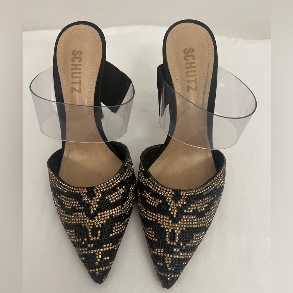 SCHUTZ gold & black rhinestone slip on heels - size 5